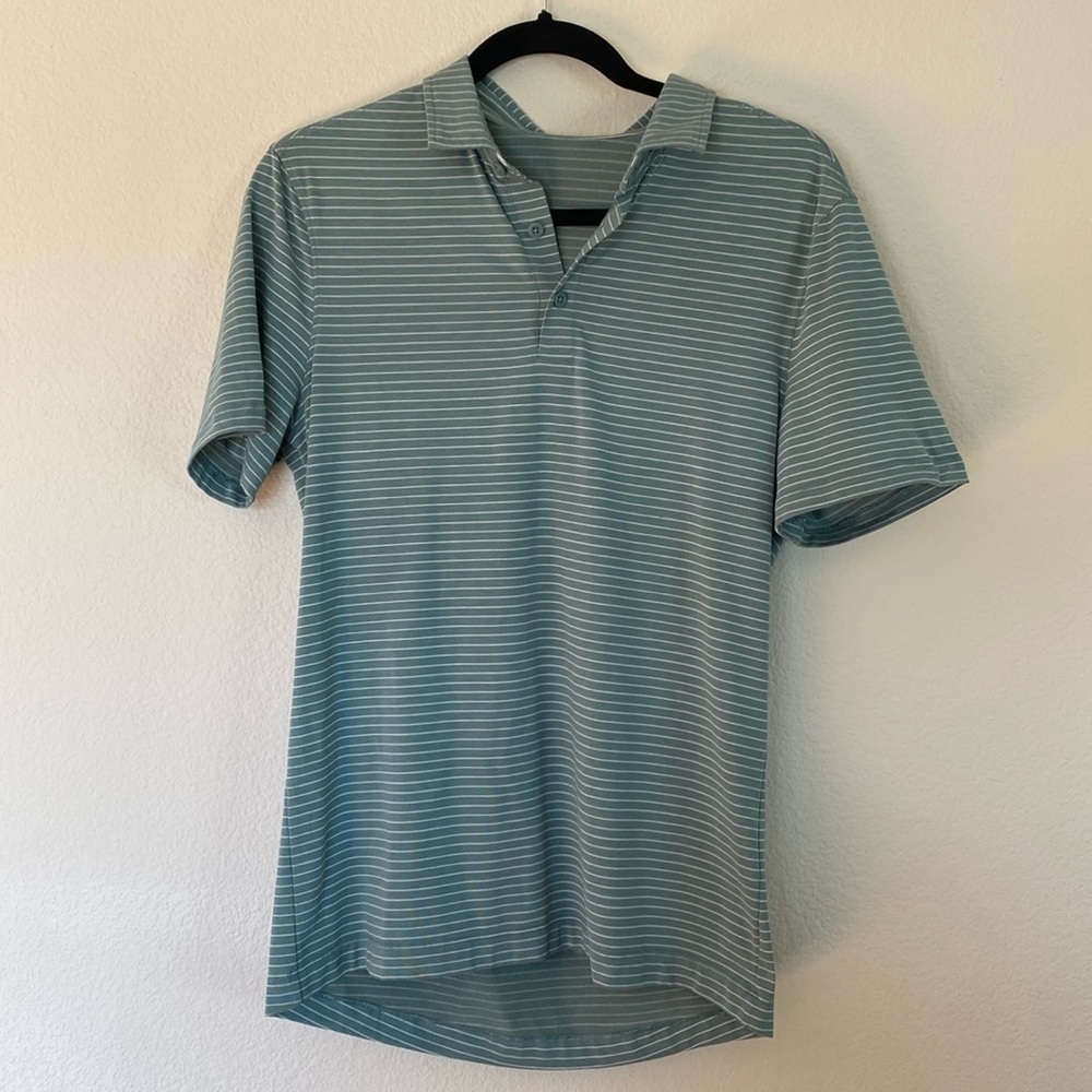 Lululemon collared polo short sleeve men’s shirt green gray stripes VGUC Sz ?